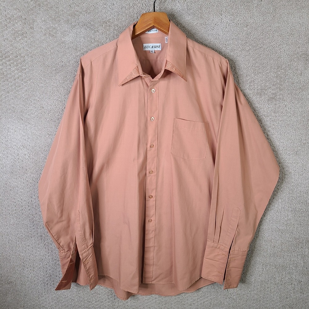 Vintage Lucasini Shirt Mens 17.5 34-35 Salmon Pink‎ Long Sleeve Dress Button Up